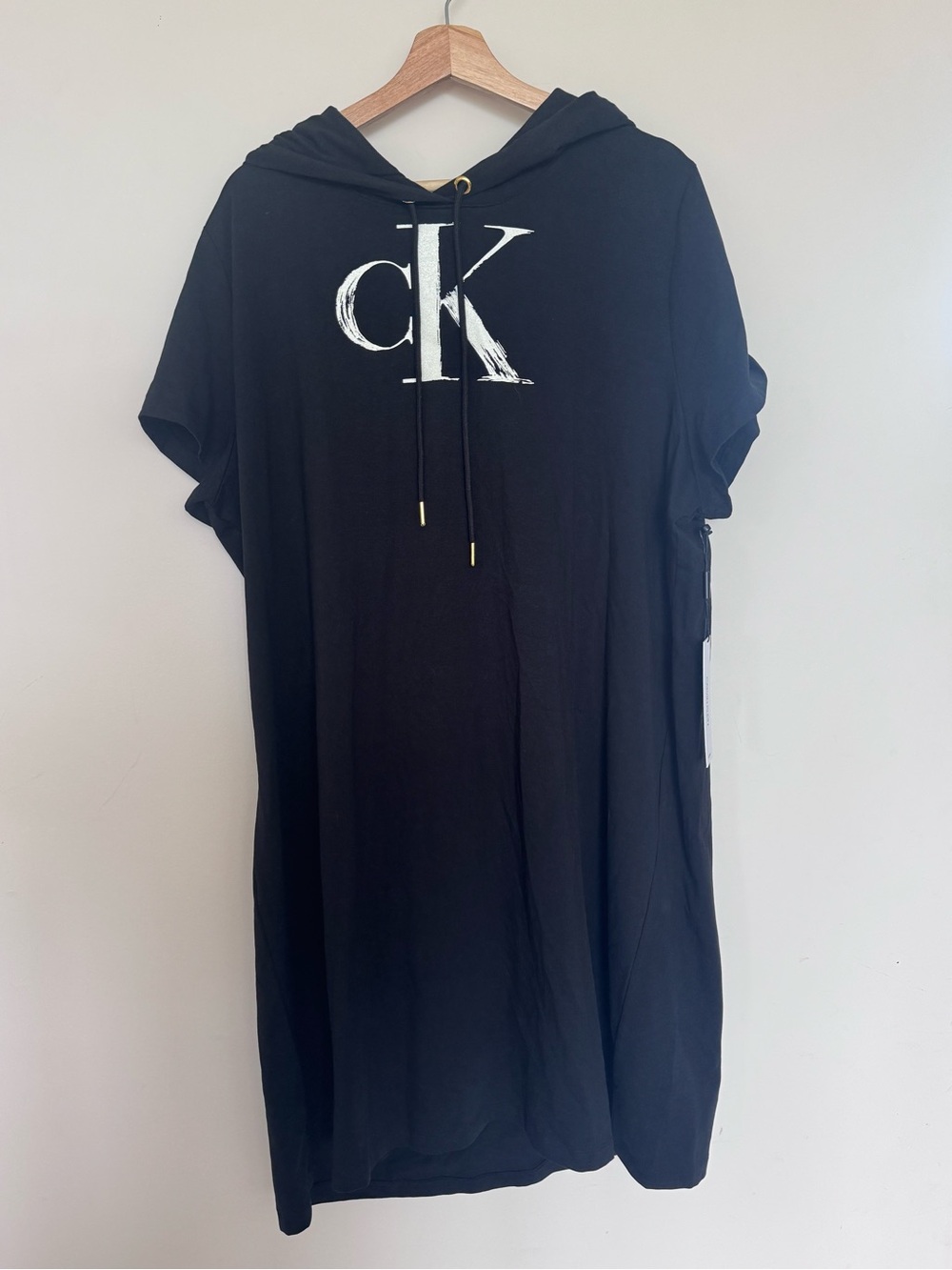 NWT Calvin Klein Black Hooded Tee T-Shirt Dress with White CK Logo